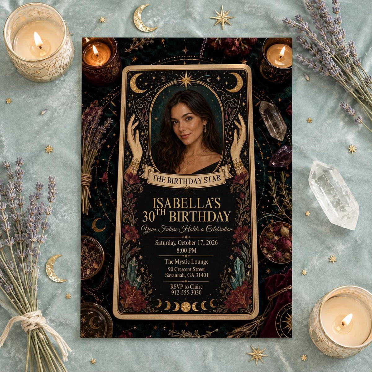 Celestial Boho 30th Birthday Tarot Invitation — print-ready 30th birthday party design from VoltBy