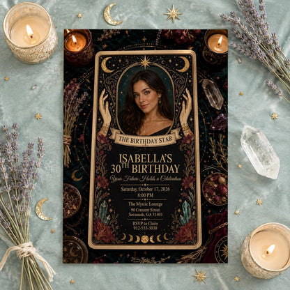 Celestial Boho 30th Birthday Tarot Invitation — print-ready 30th birthday party design from VoltBy