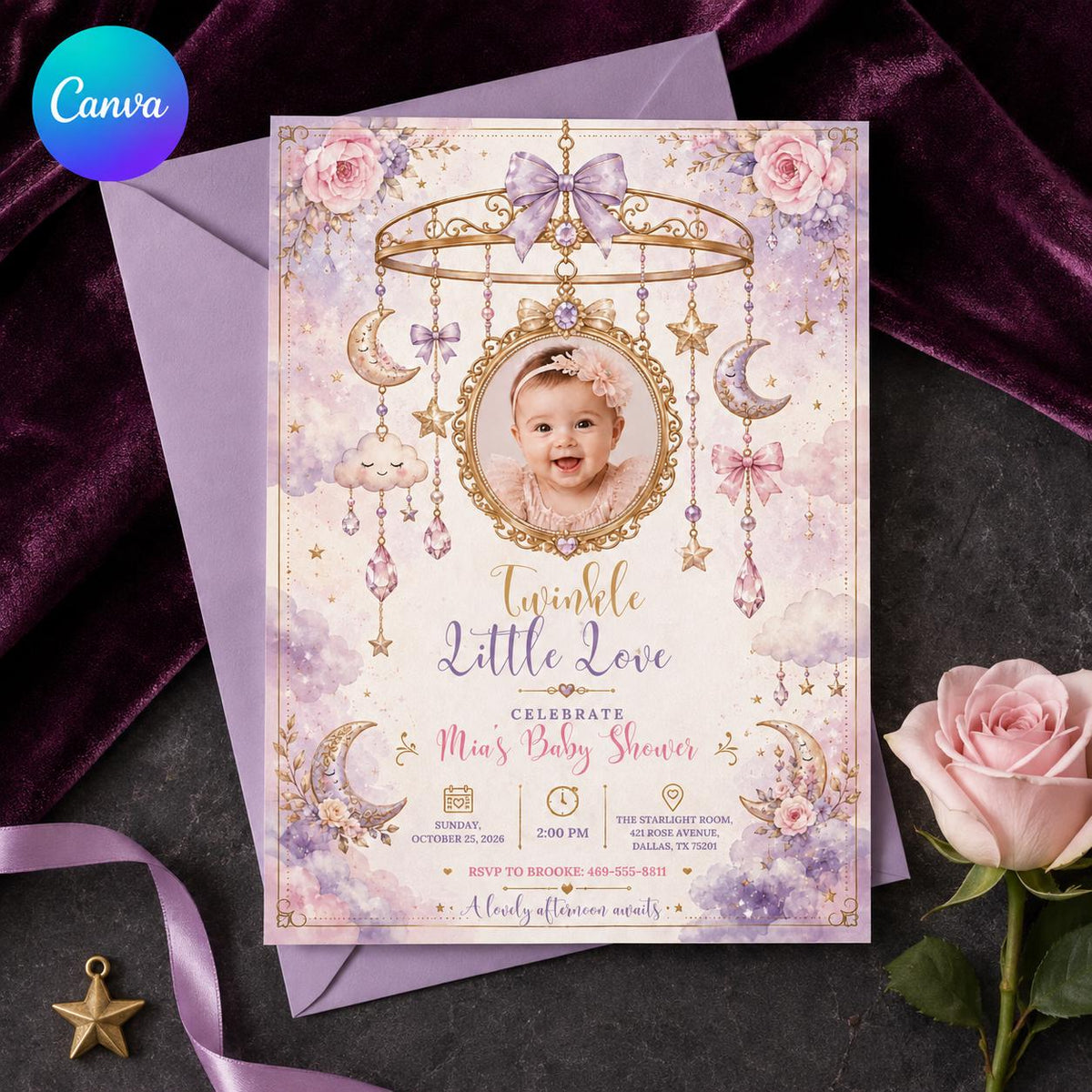Celestial Mobile Photo Baby Shower Invitation — editable Canva template