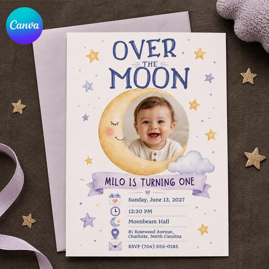 Celestial Over the Moon First Birthday Invitation for Boys — editable Canva template