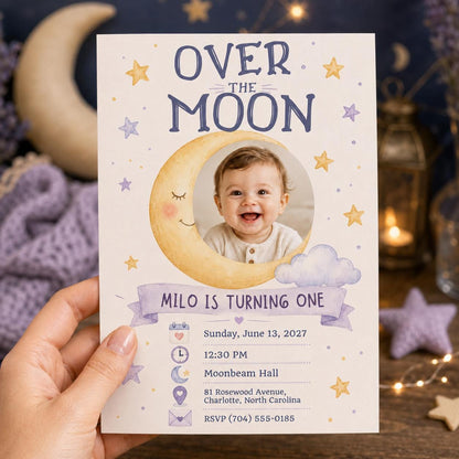 Celestial Over the Moon First Birthday Invitation for Boys — print-ready first birthday design from VoltBy