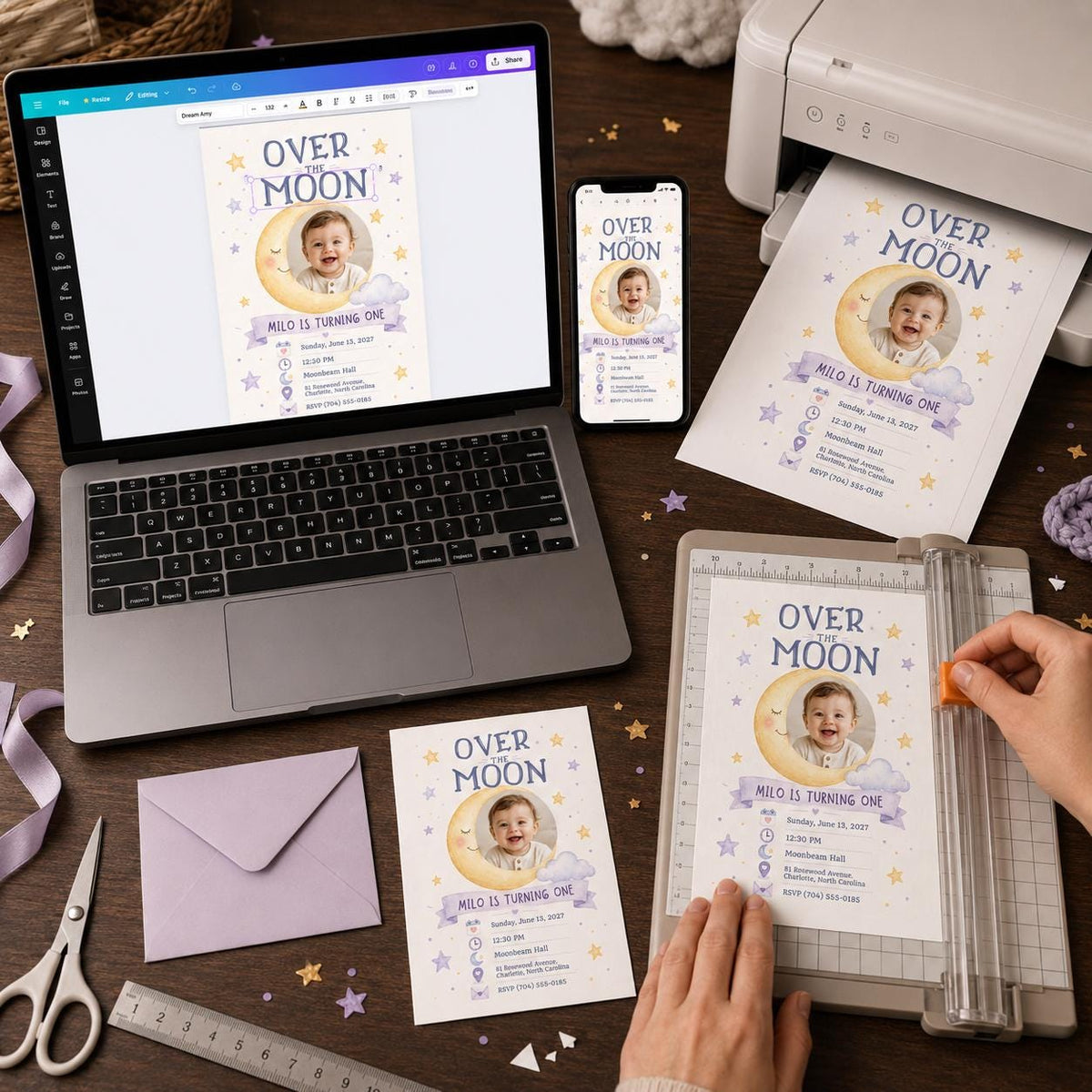 Celestial Over the Moon First Birthday Invitation for Boys — digital invitation, instant download