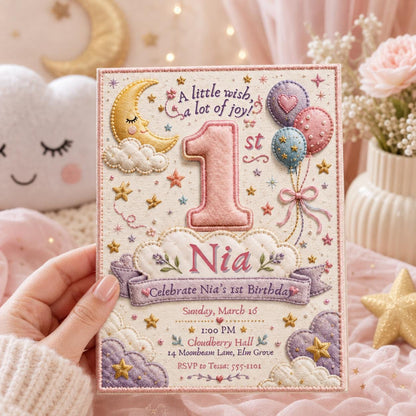 Celestial Pastel First Birthday Invitation for Girls — print-ready first birthday design from VoltBy