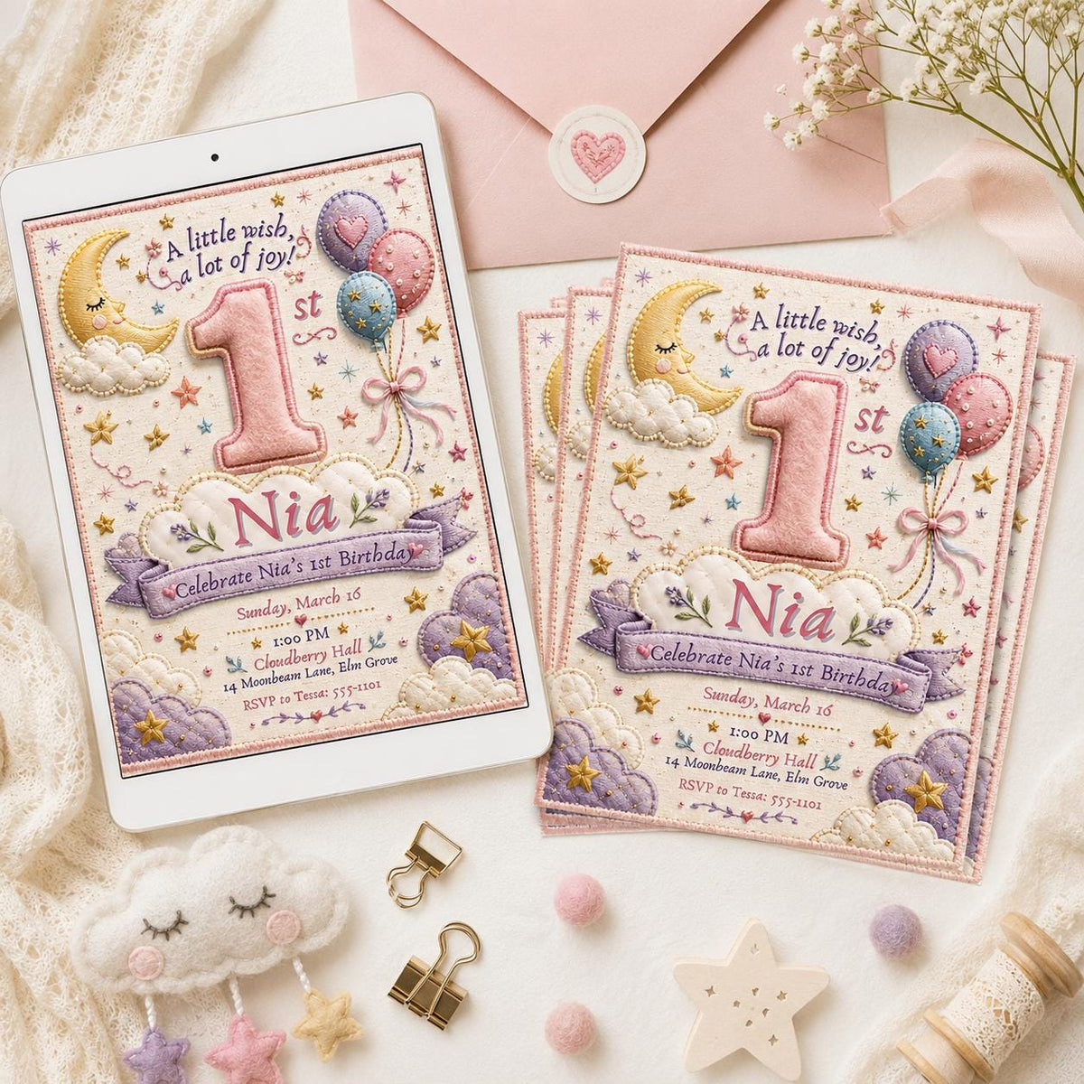 Celestial Pastel First Birthday Invitation for Girls — digital invitation, instant download
