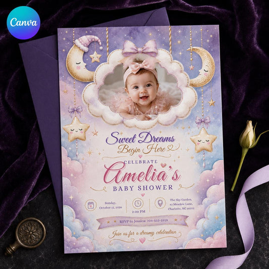 Celestial Pastel Moon and Stars Baby Shower Invitation for Girls — editable Canva template