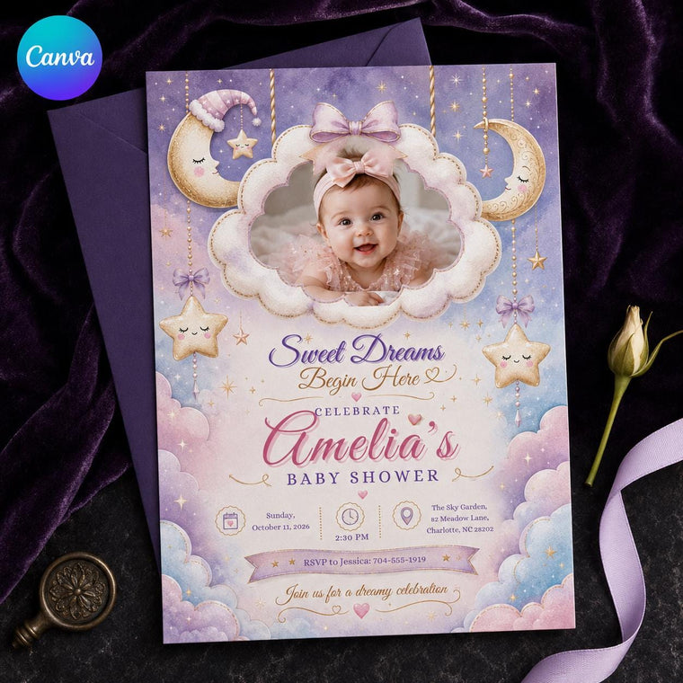 Celestial Pastel Moon and Stars Baby Shower Invitation for Girls