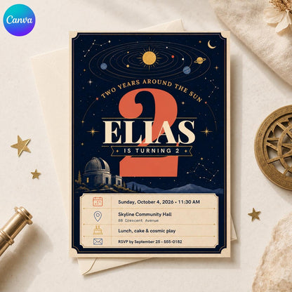 Celestial Space 2nd Birthday Invitation — editable Canva template