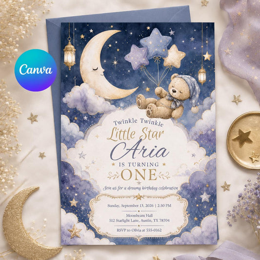 Celestial Twinkle Little Star First Birthday Invitation — editable Canva template
