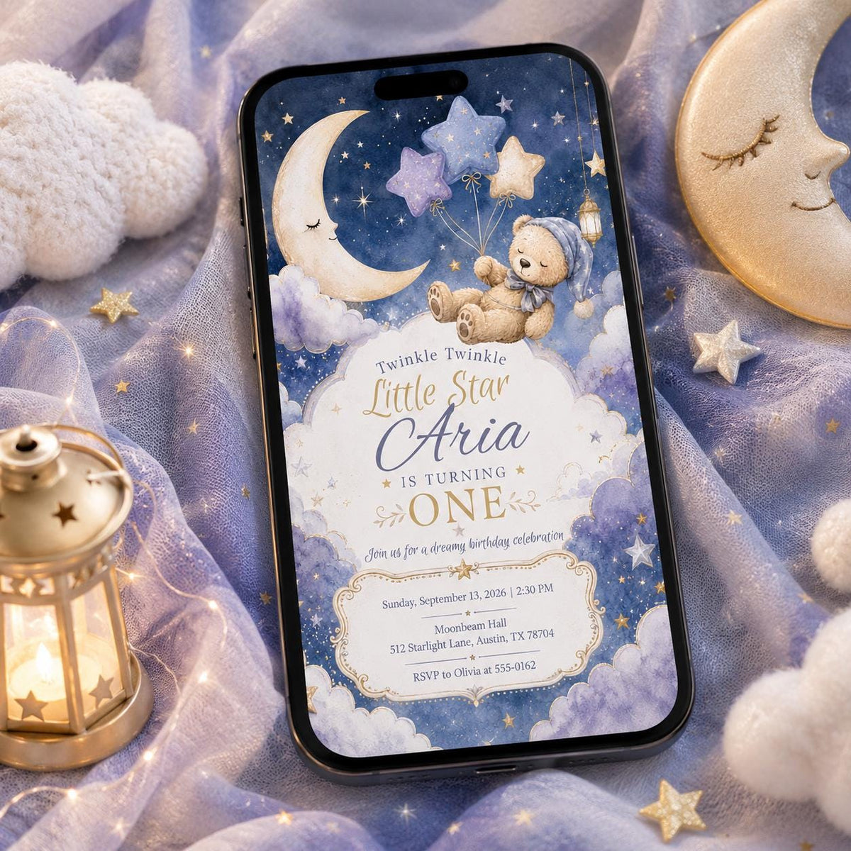 Celestial Twinkle Little Star First Birthday Invitation — teddy bear design