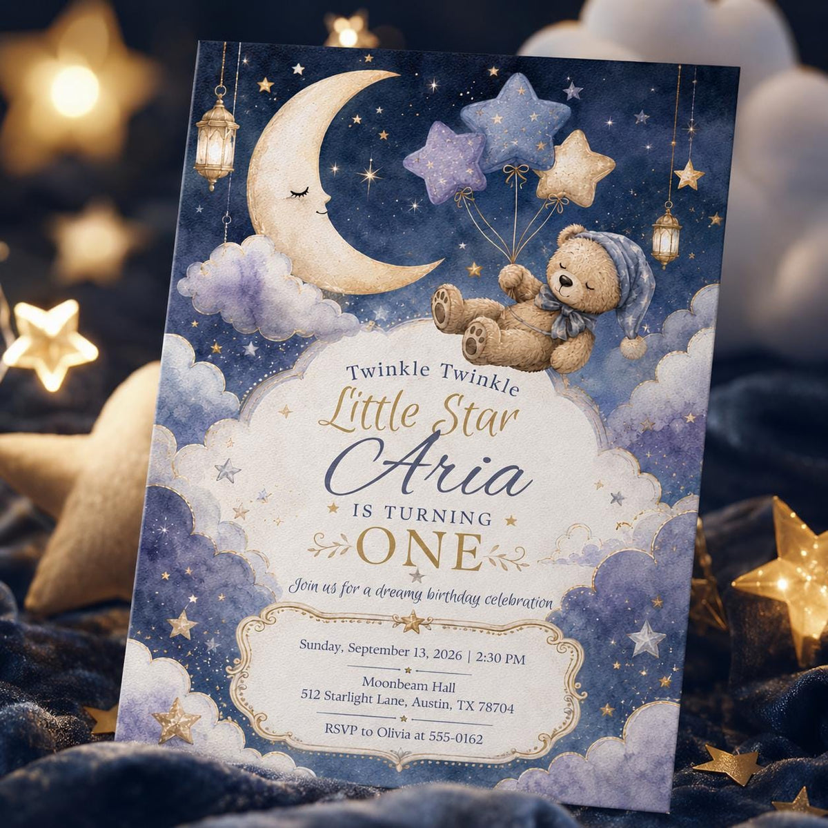 Celestial Twinkle Little Star First Birthday Invitation — invitation you personalize in Canva
