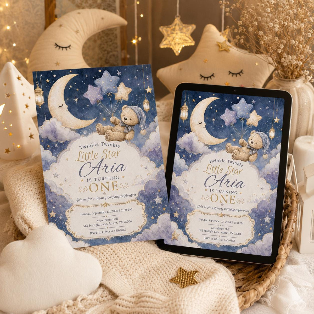 Celestial Twinkle Little Star First Birthday Invitation — print-ready first birthday design from VoltBy