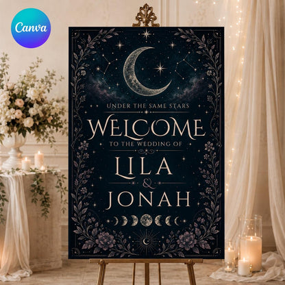 Celestial Wedding Welcome Sign — editable Canva template