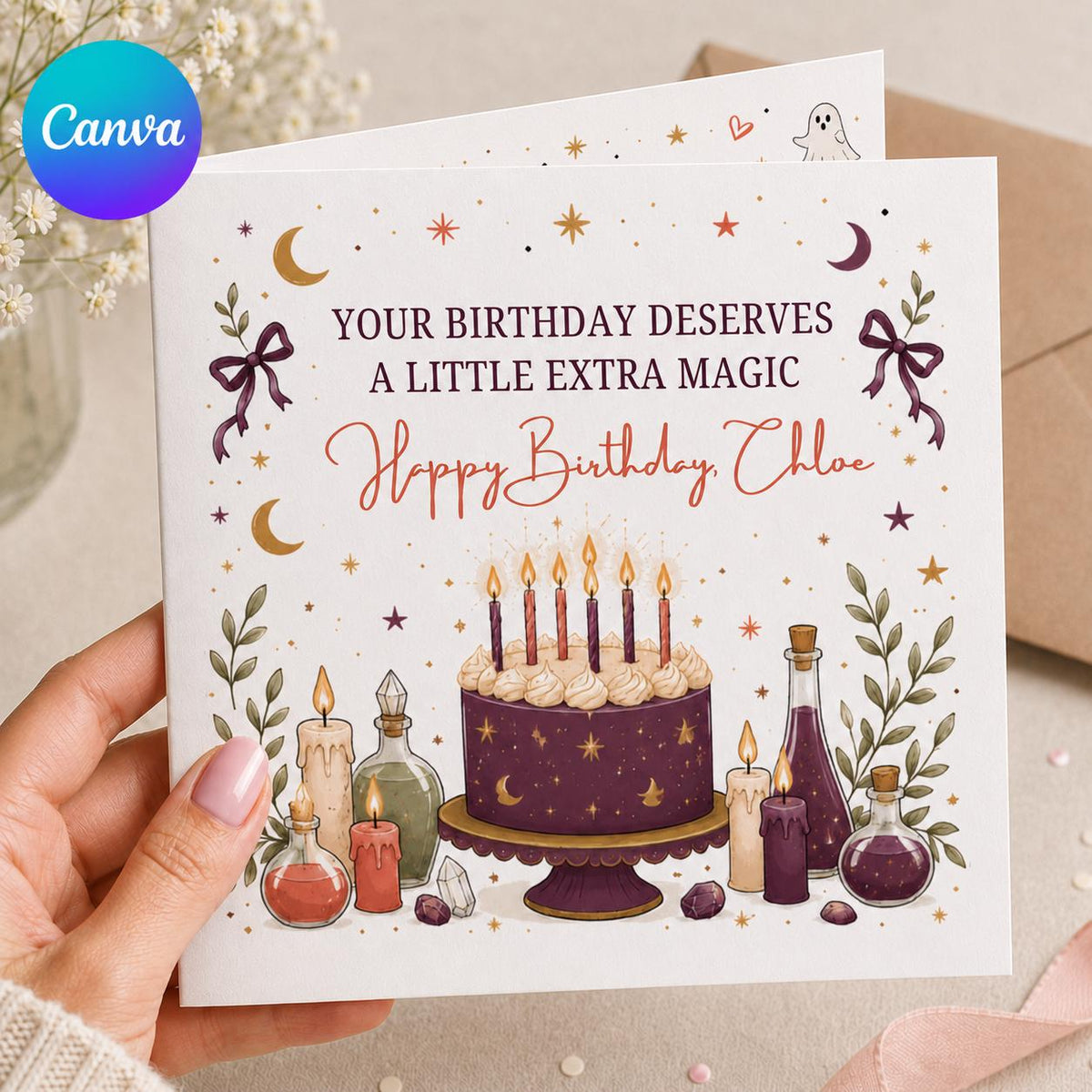 Celestial Witchy Birthday Greeting Card for Her — editable Canva template