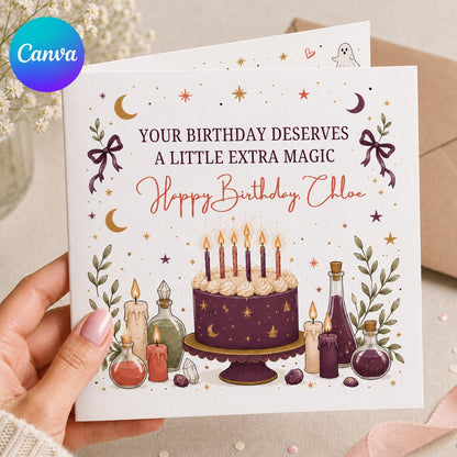 Celestial Witchy Birthday Greeting Card for Her — editable Canva template