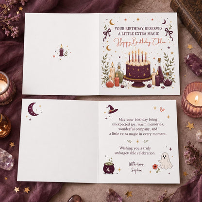 Celestial Witchy Birthday Greeting Card for Her — cake and magic design