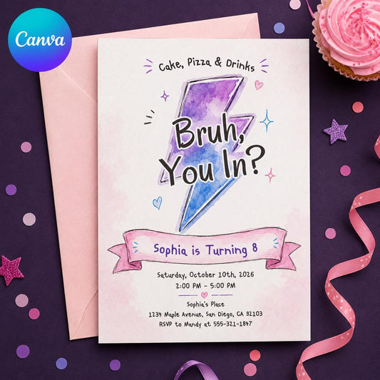 Bruh Birthday Invitation – 8th Birthday Girl Lightning Bolt Party Invite – Pink Purple Watercolor