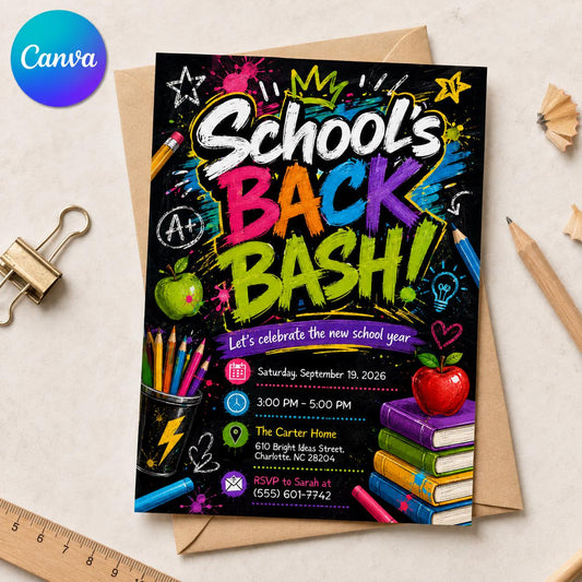 Chalkboard Back to School Bash Invitation — editable Canva template