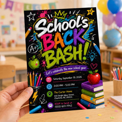 Chalkboard Back to School Bash Invitation — print-ready back-to-school event design from VoltBy