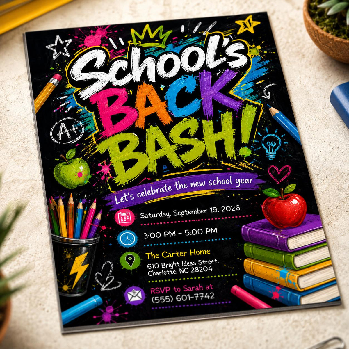 Chalkboard Back to School Bash Invitation — back-to-school event stationery by VoltBy