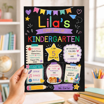Chalkboard Kindergarten First Day Sign with Bunting — school sign you personalize in Canva