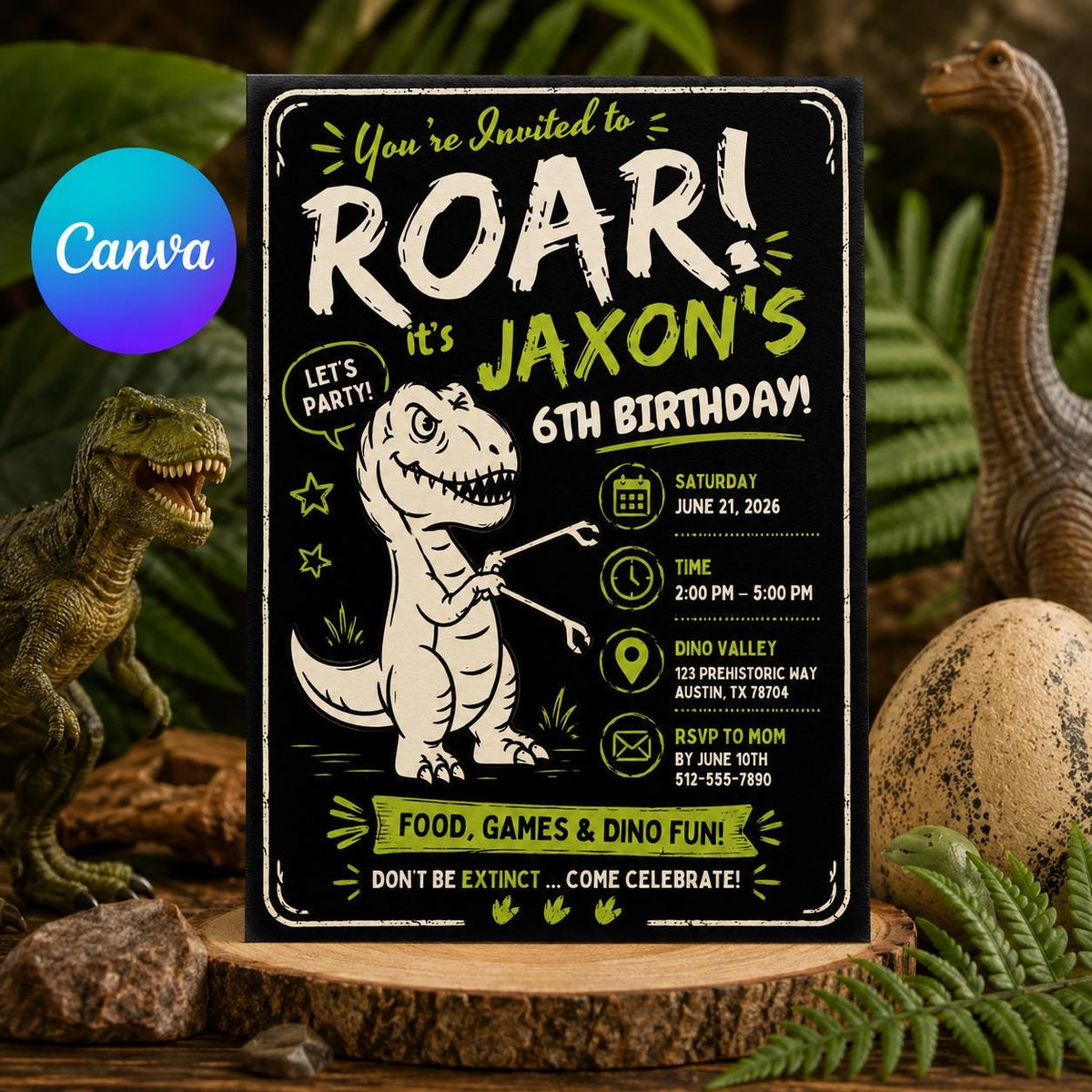 Chalkboard Roar Dinosaur 6th Birthday Invitation — editable Canva template