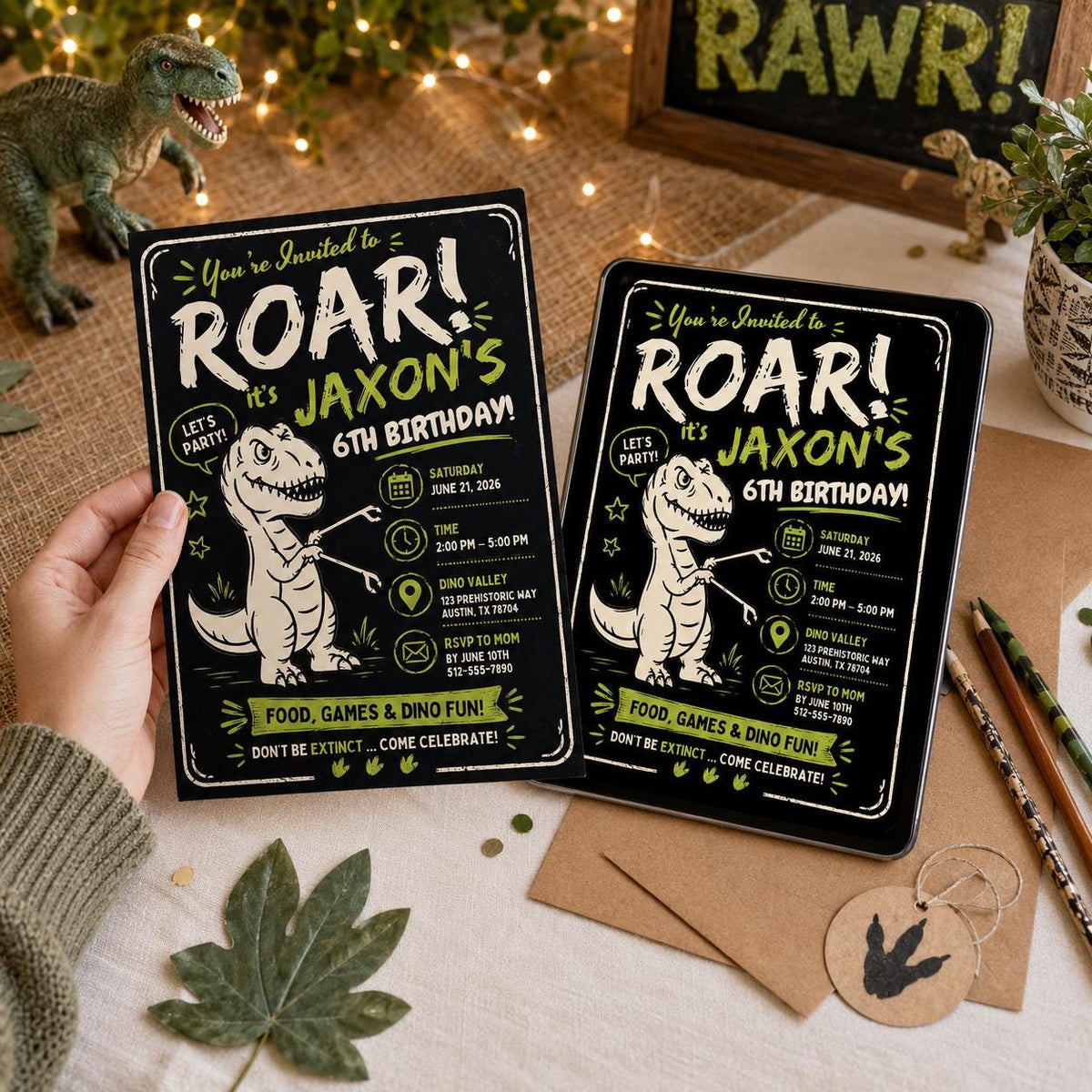 Chalkboard Roar Dinosaur 6th Birthday Invitation in black and cream