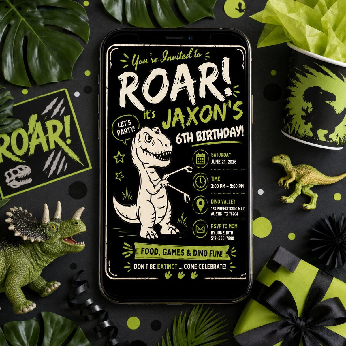 Chalkboard Roar Dinosaur 6th Birthday Invitation — invitation you personalize in Canva