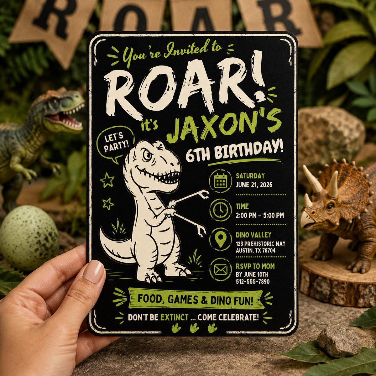 Chalkboard Roar Dinosaur 6th Birthday Invitation — digital invitation, instant download