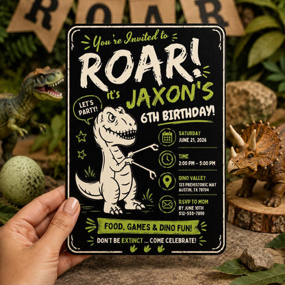 Chalkboard Roar Dinosaur 6th Birthday Invitation — digital invitation, instant download