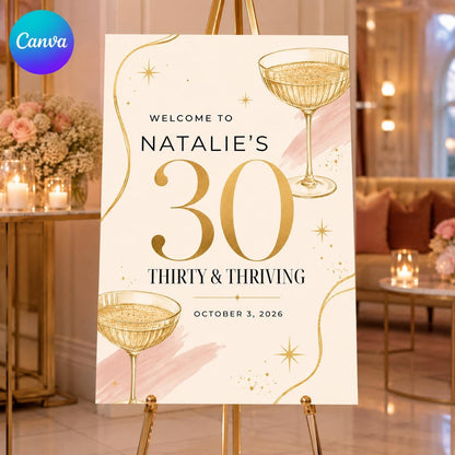 Champagne 30th Birthday Welcome Sign — editable Canva template