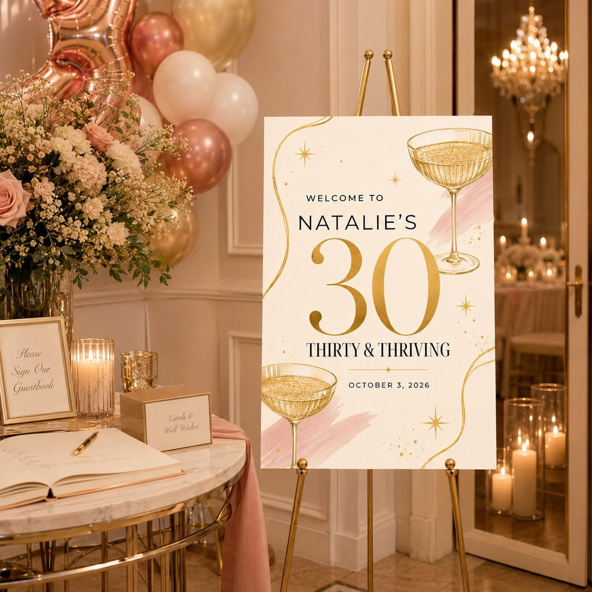 Champagne 30th Birthday Welcome Sign — welcome sign you personalize in Canva