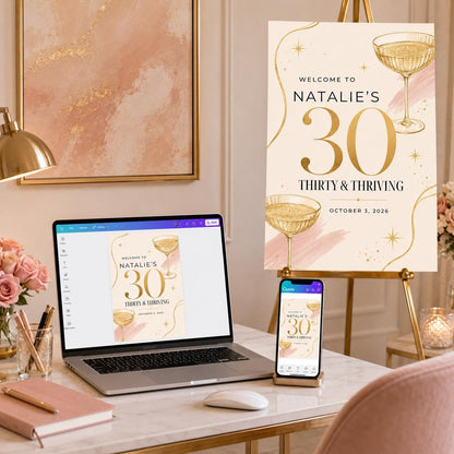 Champagne 30th Birthday Welcome Sign — print-ready 30th birthday party design from VoltBy