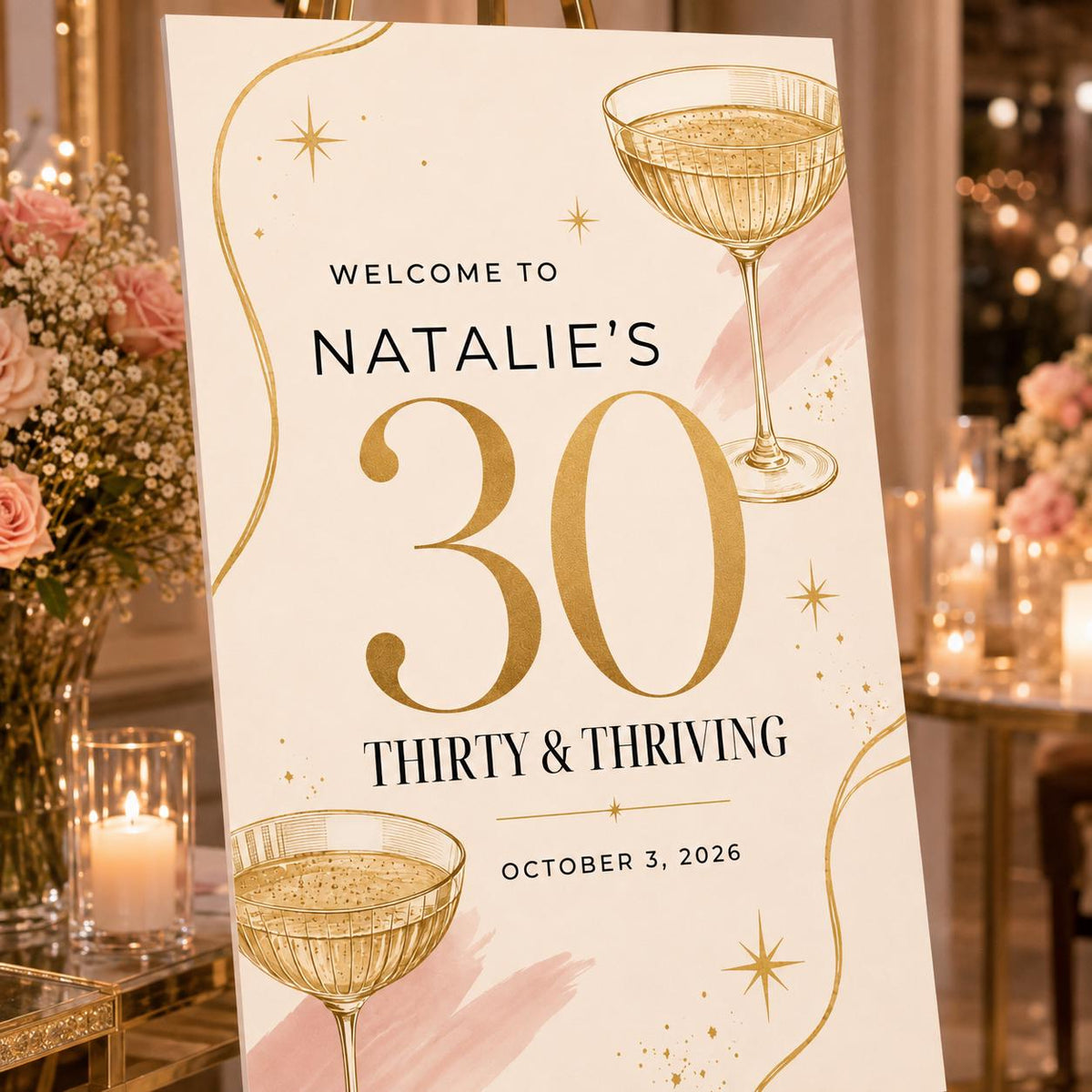Champagne 30th Birthday Welcome Sign — 30th birthday party stationery by VoltBy