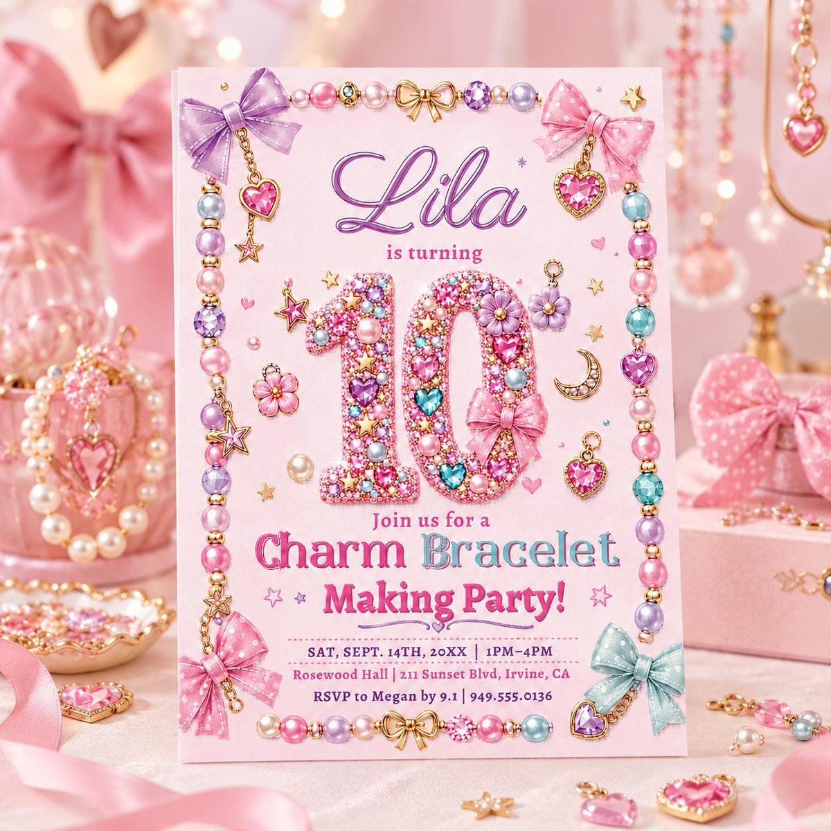 Charm Bracelet Making Party Invitation — print-ready craft party design from VoltBy