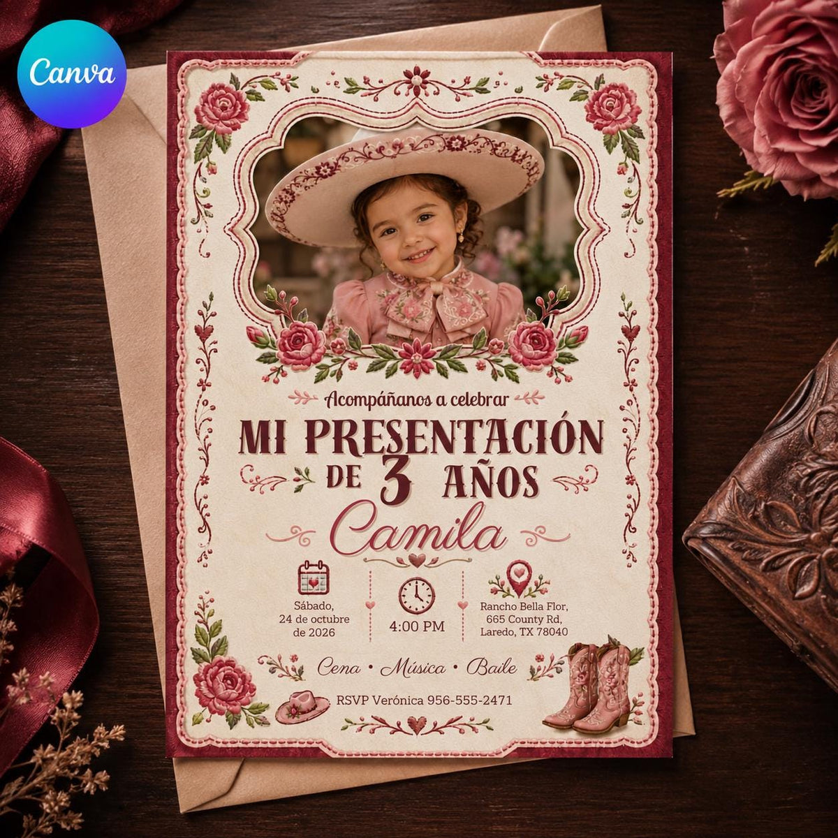 Charra Photo Presentación de Tres Años Invitation — editable Canva template