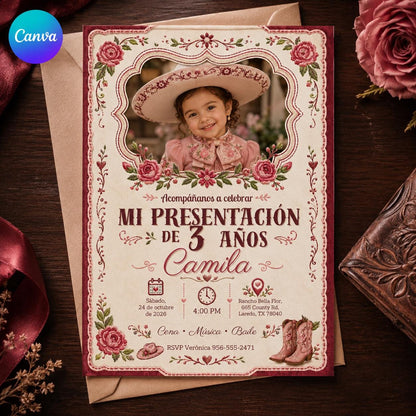 Charra Photo Presentación de Tres Años Invitation — editable Canva template
