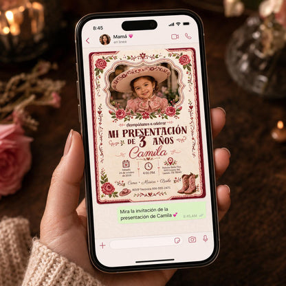 Charra Photo Presentación de Tres Años Invitation in burgundy and cream