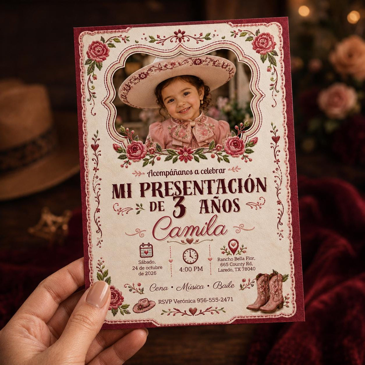 Charra Photo Presentación de Tres Años Invitation — rose design