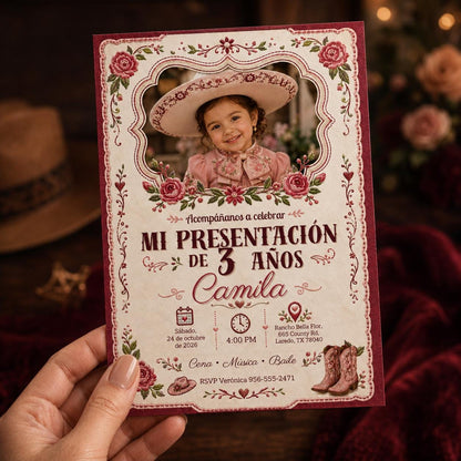Charra Photo Presentación de Tres Años Invitation — rose design