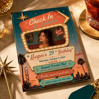 Check In Photo 29th Birthday Invitation — pastel 29th birthday party design
