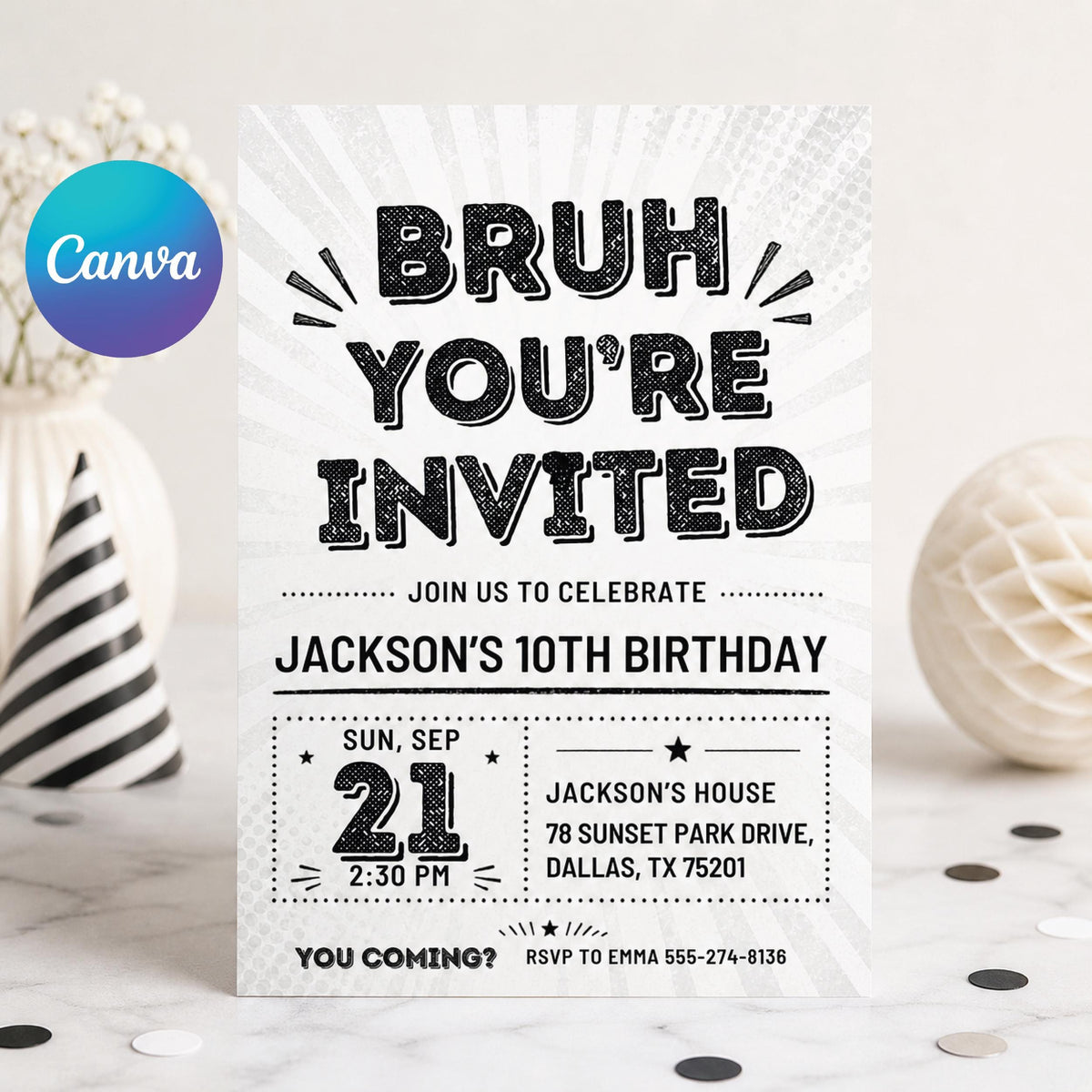 Checkered Bruh Birthday Invitation for Boys — editable Canva template