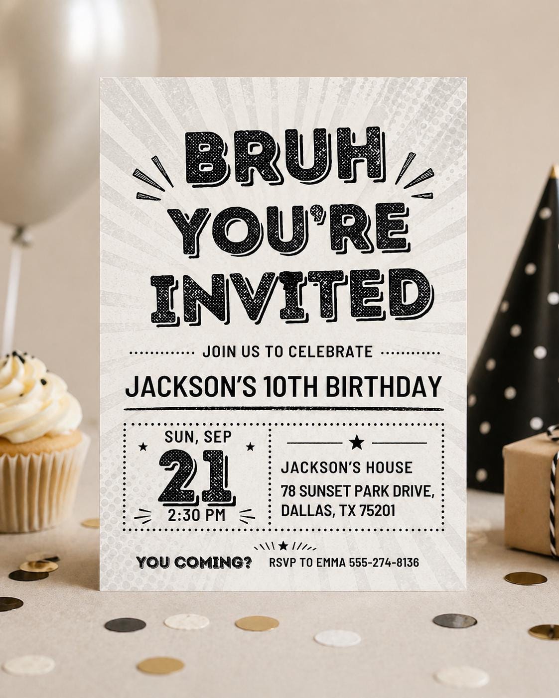 Checkered Bruh Birthday Invitation for Boys — print-ready birthday party design from VoltBy
