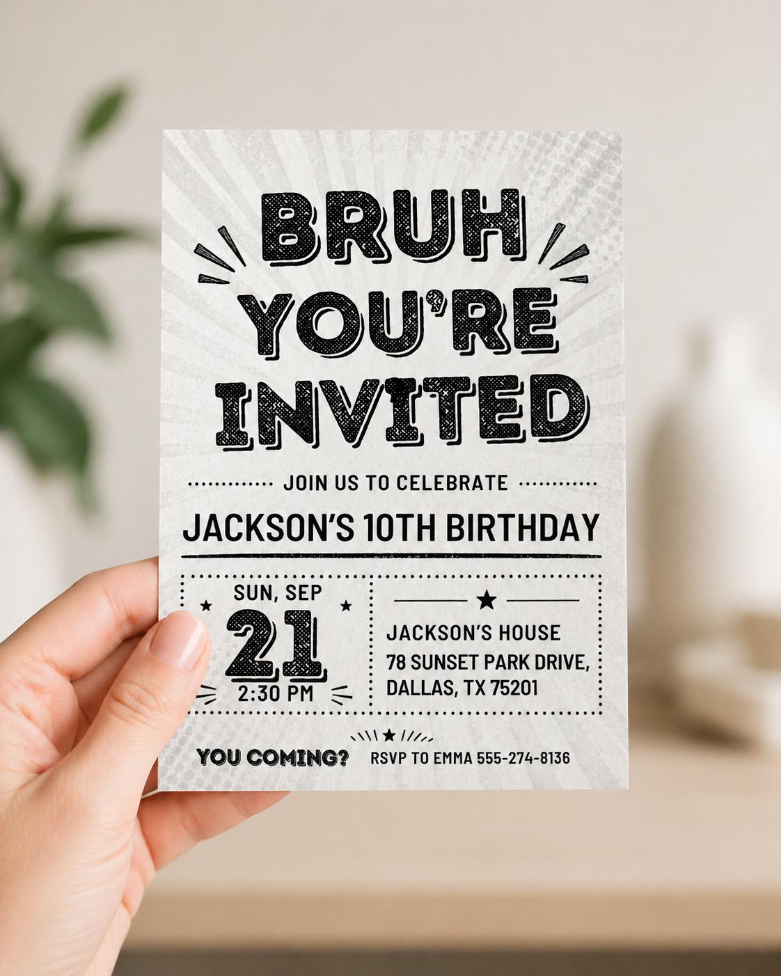 Checkered Bruh Birthday Invitation for Boys — digital invitation, instant download