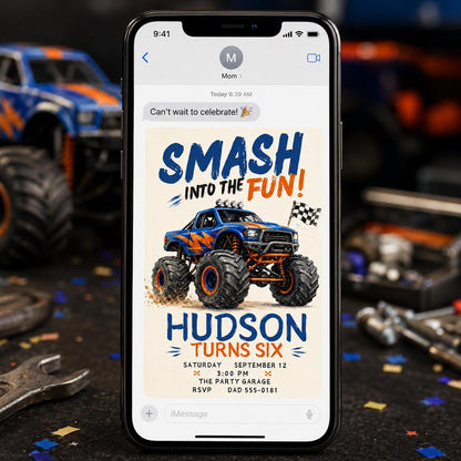 Checkered Monster Truck 6th Birthday Invitation — race car design