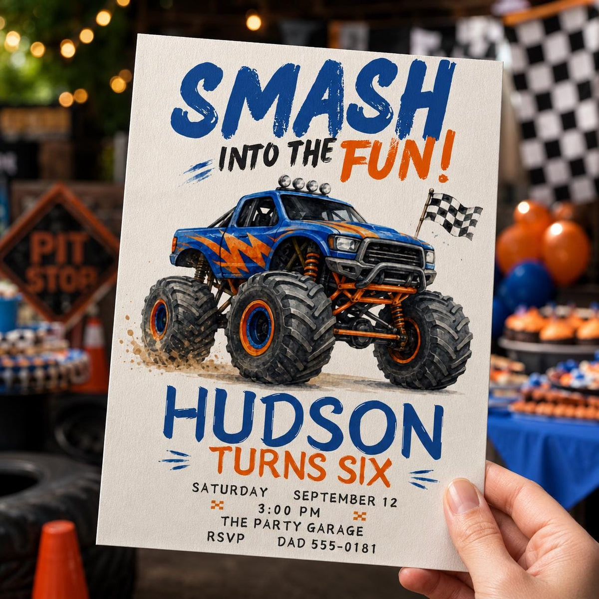 Checkered Monster Truck 6th Birthday Invitation — invitation you personalize in Canva