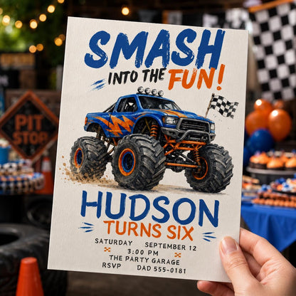 Checkered Monster Truck 6th Birthday Invitation — invitation you personalize in Canva