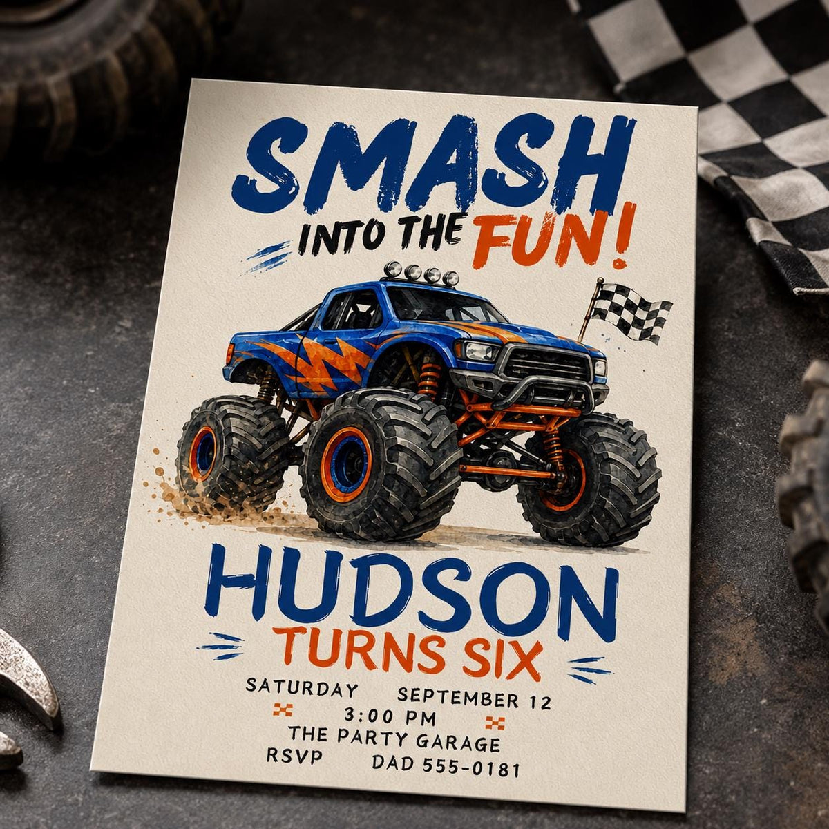 Checkered Monster Truck 6th Birthday Invitation — digital invitation, instant download