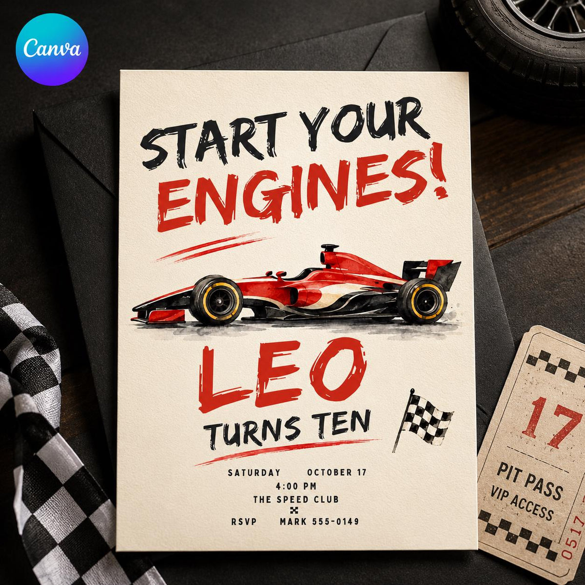 Checkered Race Car 10th Birthday Invitation — editable Canva template