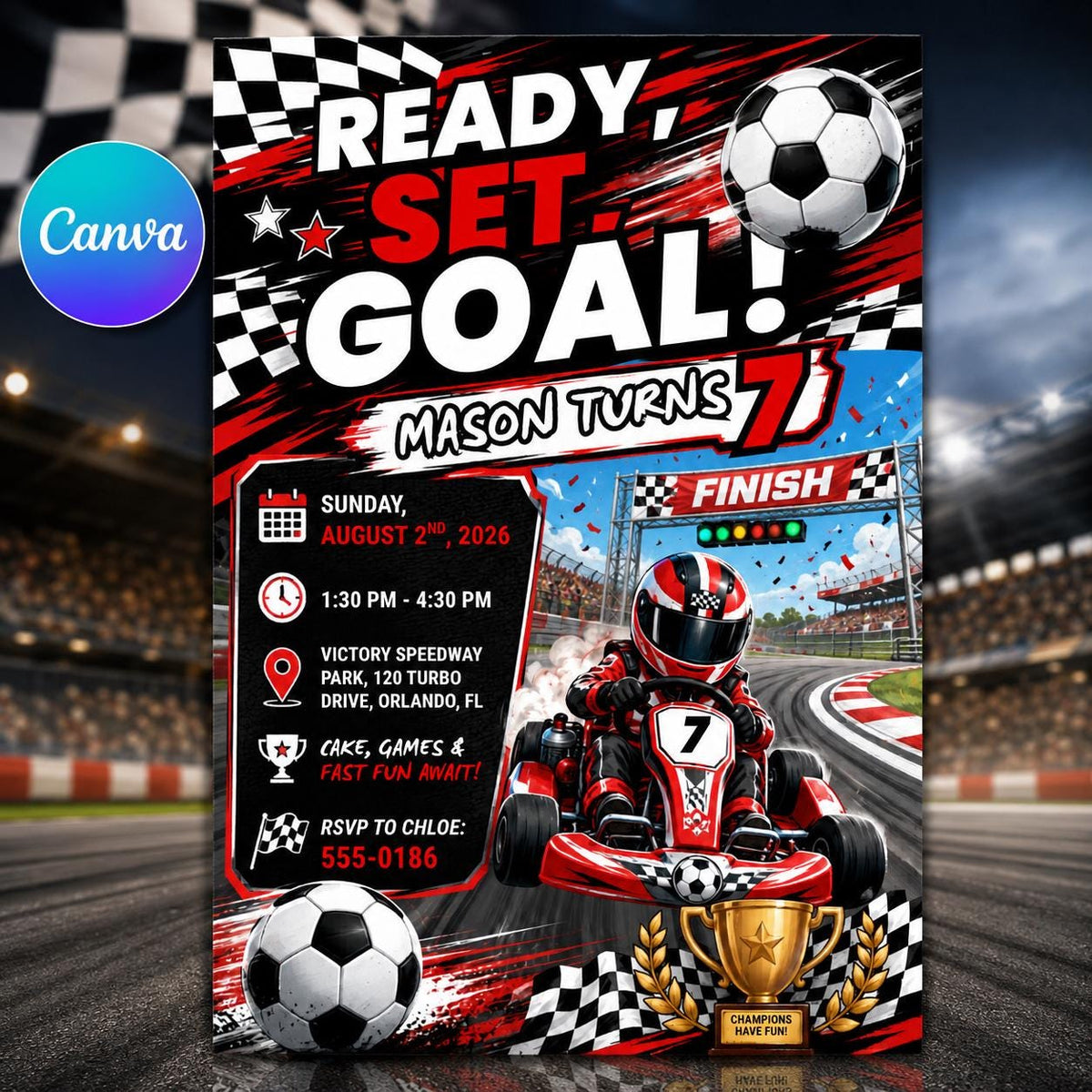 Checkered Ready Set Goal 7th Birthday Invitation for Boys — editable Canva template