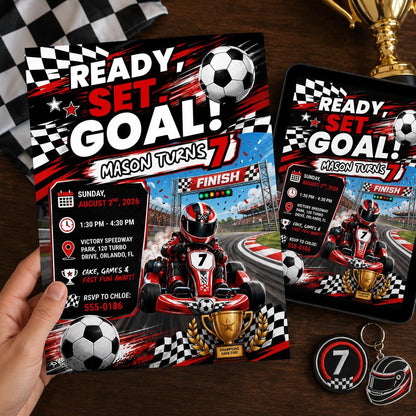 Checkered Ready Set Goal 7th Birthday Invitation for Boys — race car and soccer design